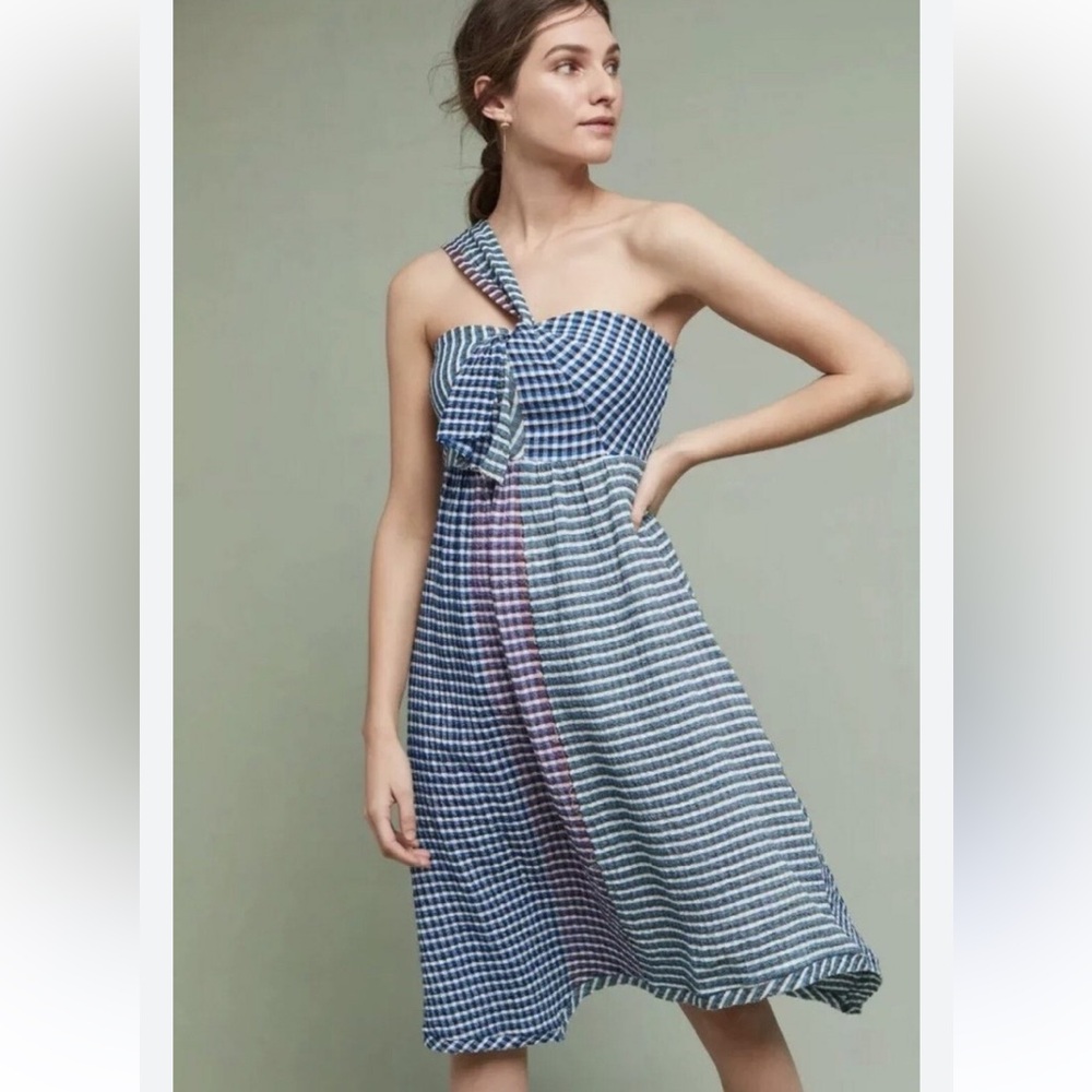 NWOT Anthropologie Maeve One Shoulder Blue Pink plaid Raw Hem Dress 6 Small S